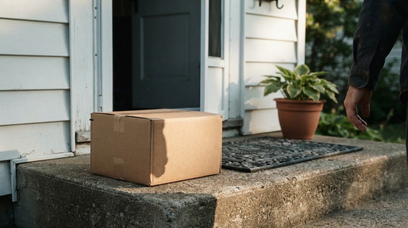 A labelled cardboard package set down on a residential concrete porch beside a worn doormat and a potted plant, a screen door