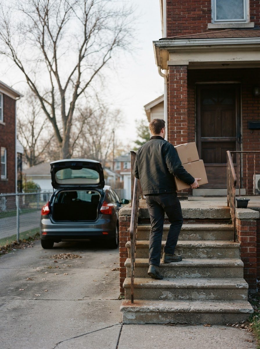 A driver, carrying two labelled boxes up the front steps of a brick Detroit-area two-family house in early light, car parked