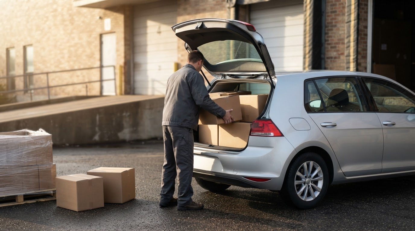 A clean, well-kept everyday hatchback backed up to a warehouse bay apron in early morning light, hatch raised, a stack