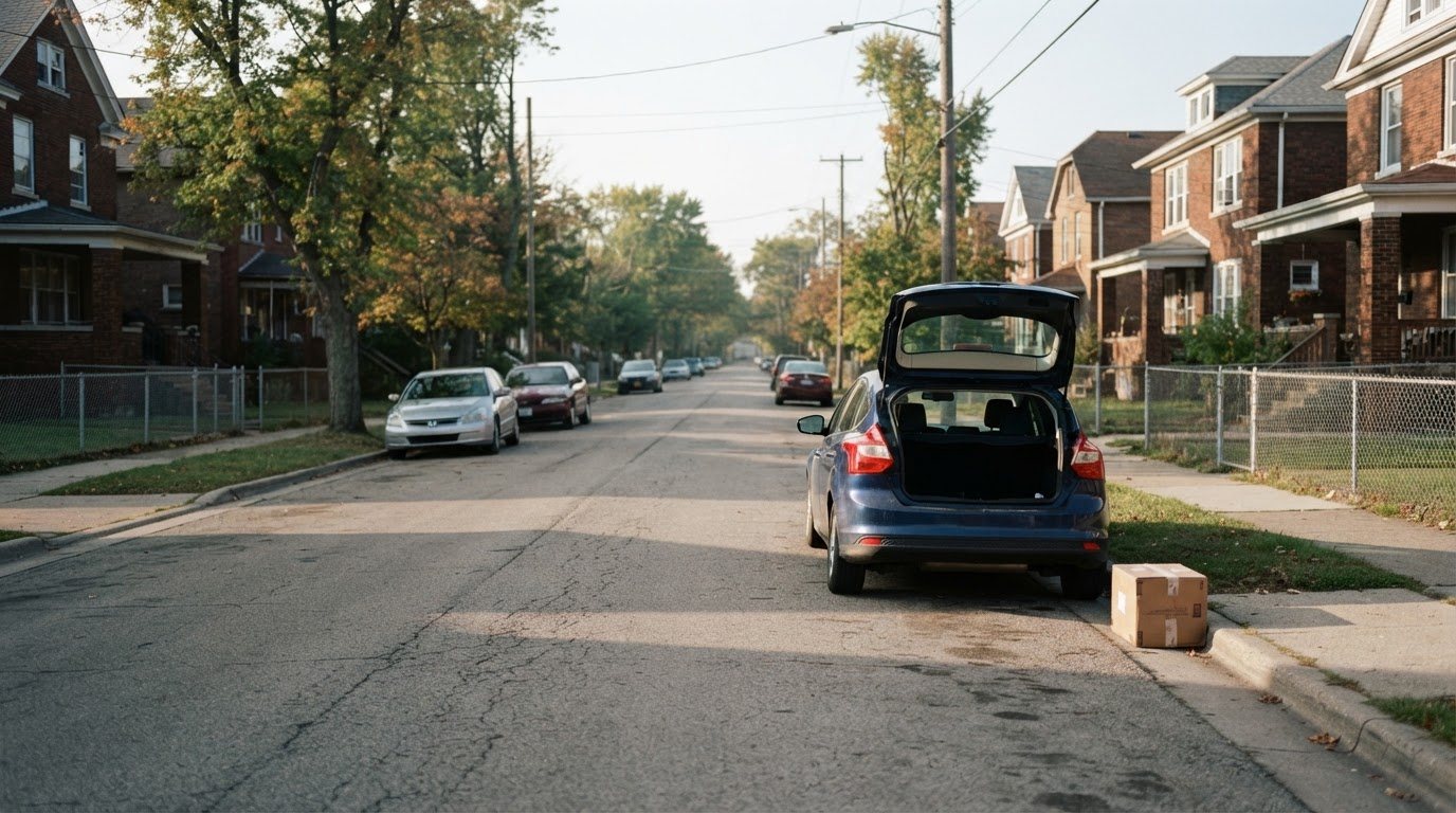 An ordinary Metro Detroit surface street in early light seen down its length: parked cars, brick two-family houses