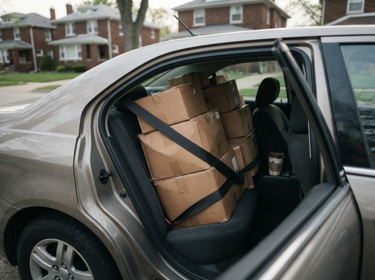 Hand-stacked labelled cardboard boxes filling the back seat of an ordinary sedan with the seat belt drawn across them to hold